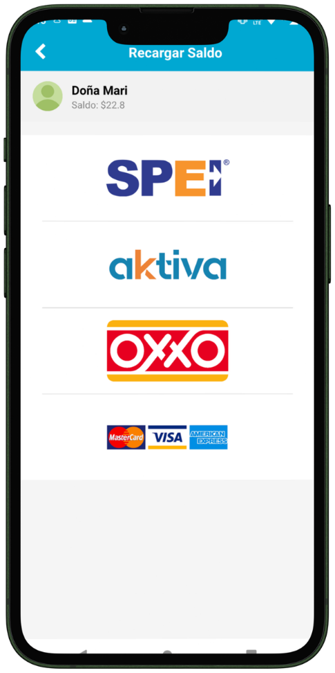 Métodos disponibles para recargar saldo en AKTIVA