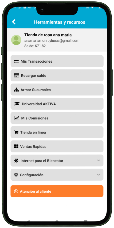 Menu de Herramientas en la app AKTIVA