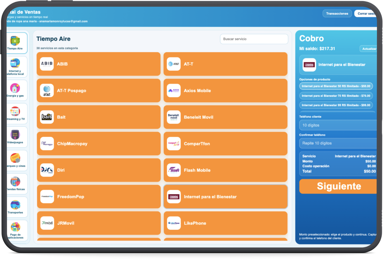 Plataforma de ventas AKTIVA en una tablet, con catálogo de servicios y panel de cobro